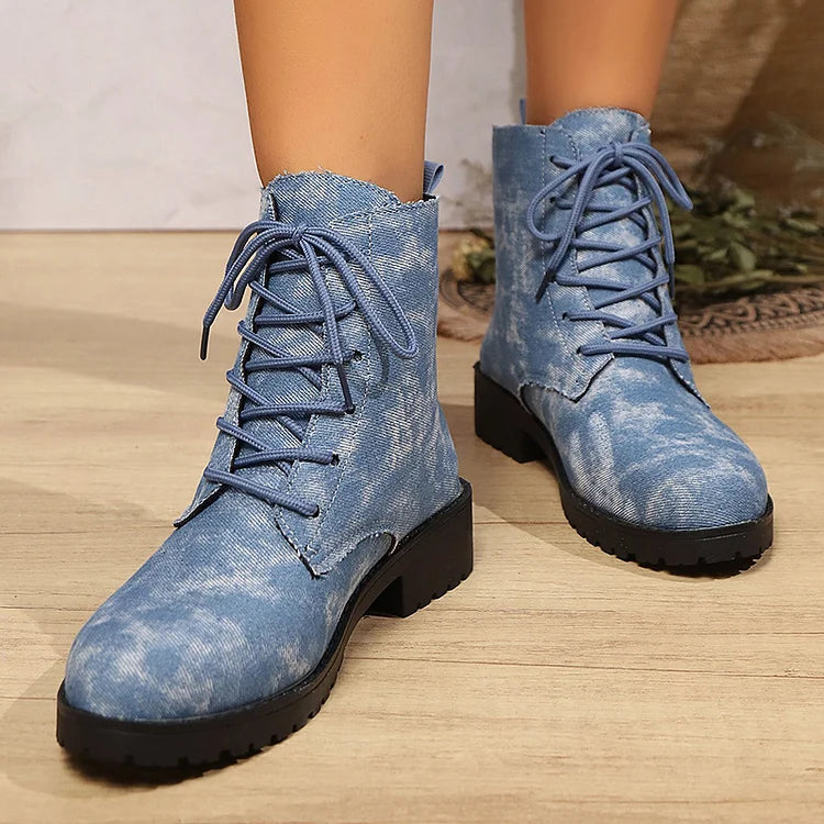 Denim Round Toe Patchwork Chunky Heel Lace Up Ankle Boots