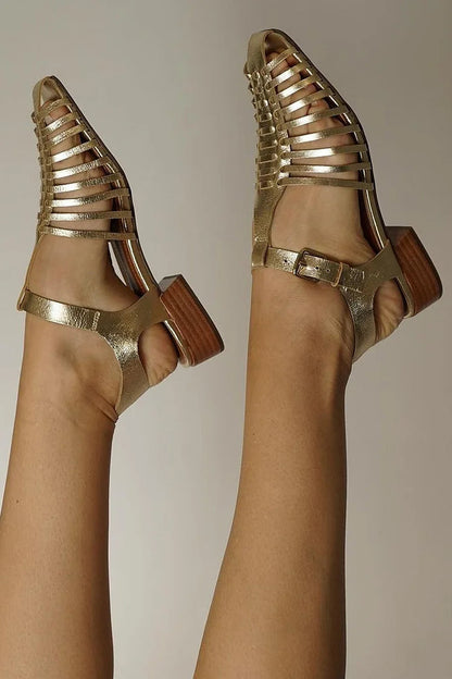 Square Toe Hollow Ankle Strap Buckle Gold Chunky Heels