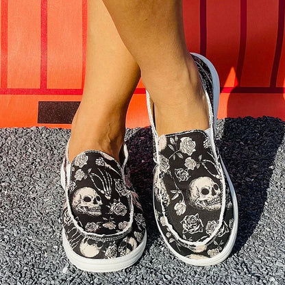 Halloween Dark Floral Skull Print Round Toe Slip On Loafers