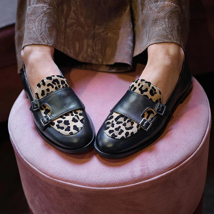 Round Toe Leopard Print Patchwork Black Loafers [Pre Order]