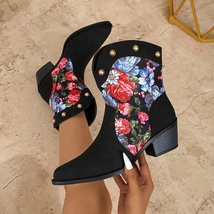 Patchwork Floral Print Metallic Studded Pointed Toe Cowgirl Boots