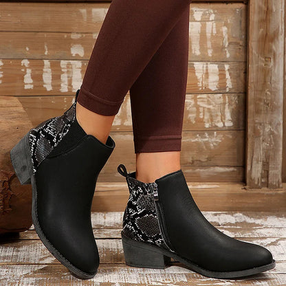 Snake Print Round Toe Patchwork Chunky Heel Zipper Ankle Boots