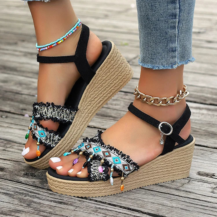 Ethnic Pattern Beaded Pendant Hanging Fringe Ankle Strap Wedge Sandals