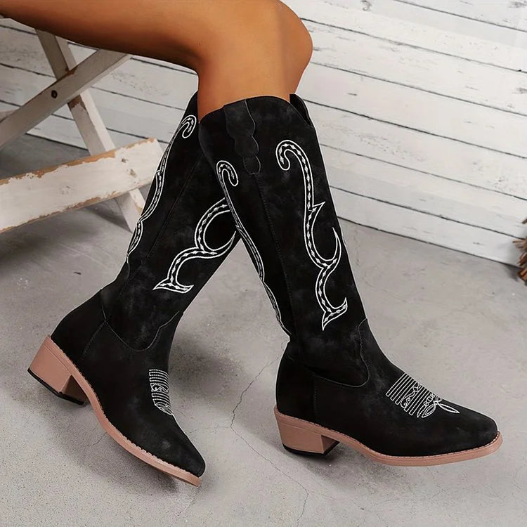 Embroidery Patchwork Chunky Heel Square Toe Knee High Boots