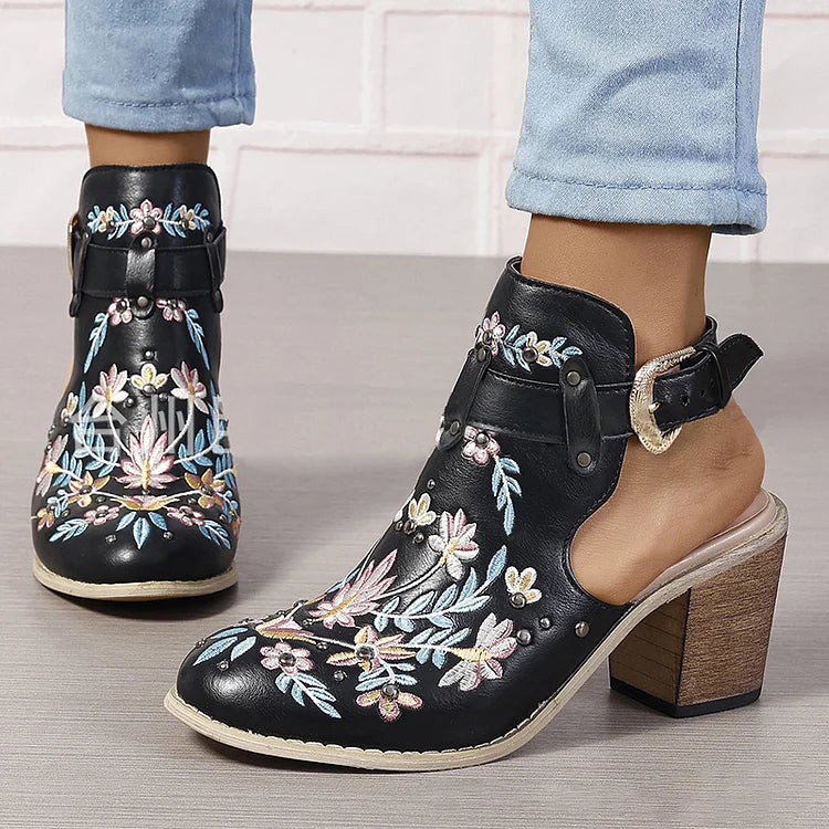 Floral Embroidery Metallic Studded Round Toe Slingback Chunky Heels