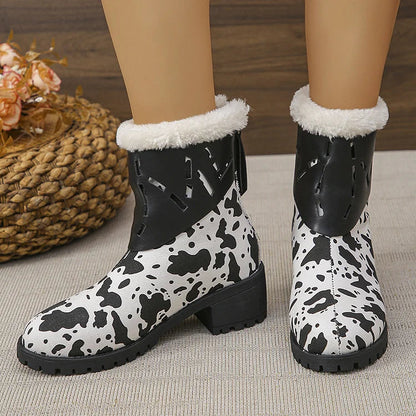 Fuzzy Cow Print Hollow Out Patchwork Round Toe Snow Boots