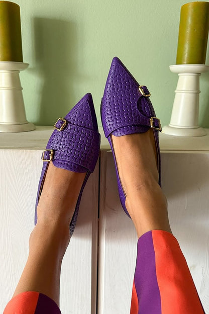 Textured Patchwork Buckles Pointed Toe Purple Flats [Pre Order]