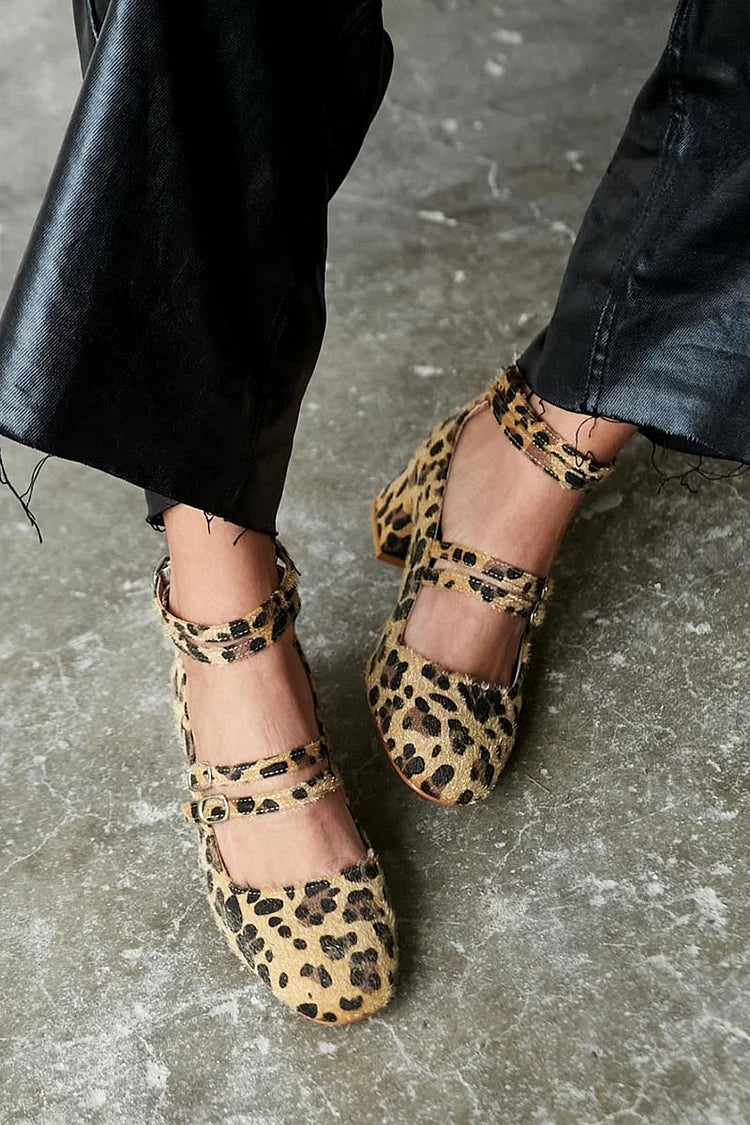 Leopard Pattern Multi Straps Buckles Khaki Chunky Heels