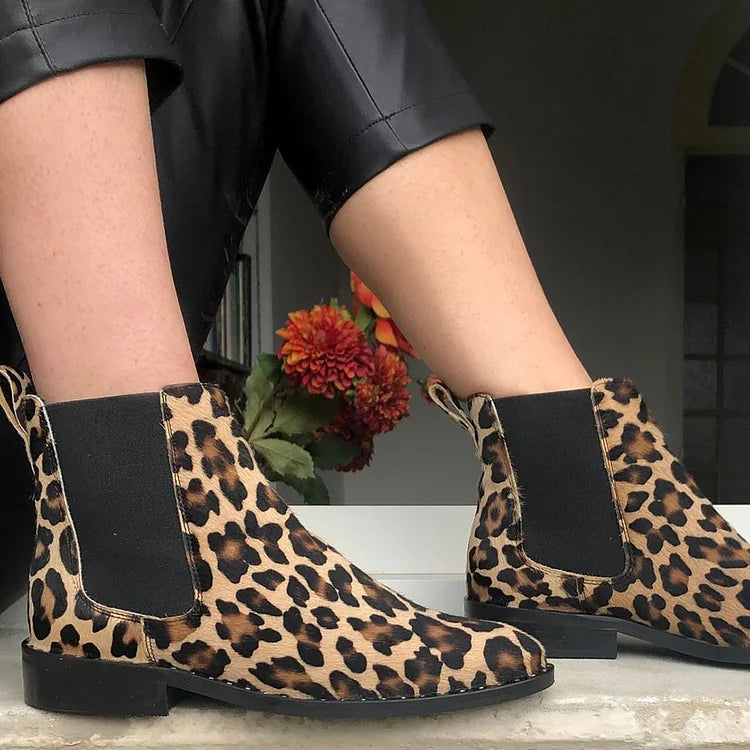 Patchwork Pointed Toe Leopard Print Khaki Ankle Boots [Pre Order]