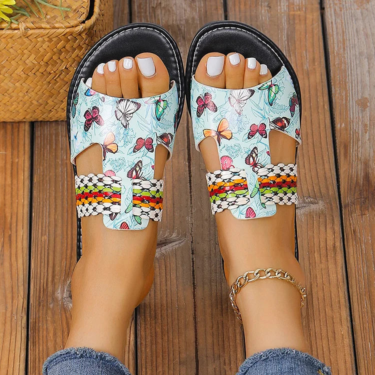 Butterfly Print Woven Strap Seam Cut Out Vacation Slippers