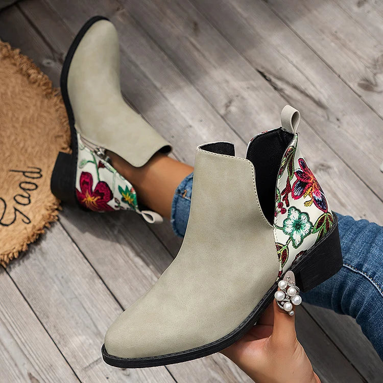 Floral Print Patchwork Zipper Pointed Toe Ankle Boots