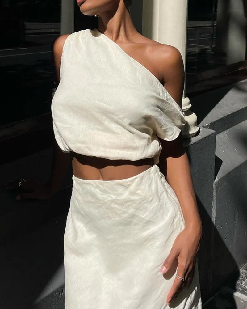 Chic slanted shoulder cotton and linen two-piece set
