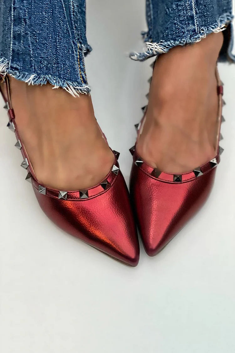 Studded Decor Pointy Toe Slingback Strap Red Flats [Pre Order]