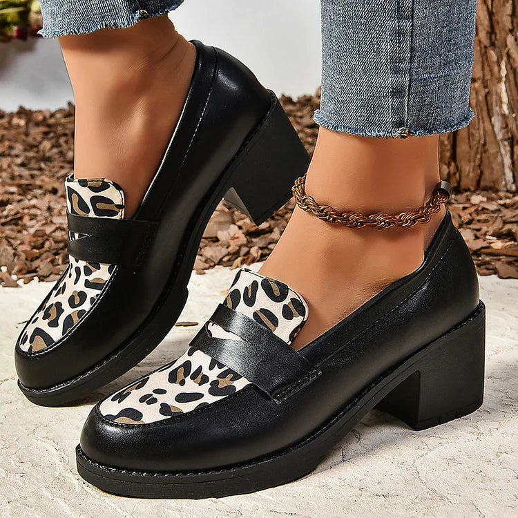 Leopard Print Patchwork Round Toe Slip On Chunky Heels