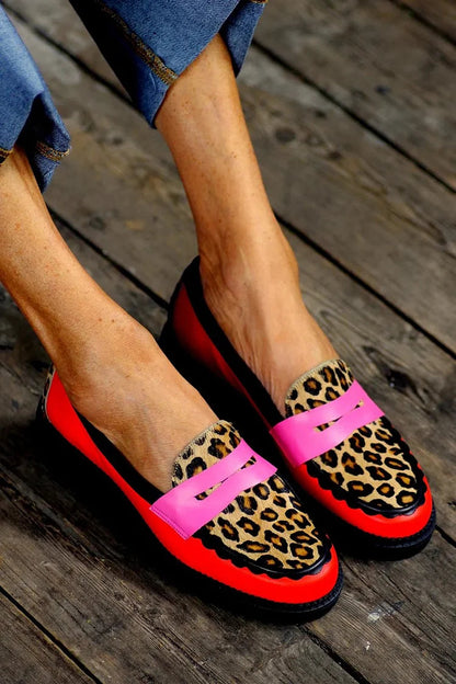 Leopard Print Colorblock Round Toe Red Loafers