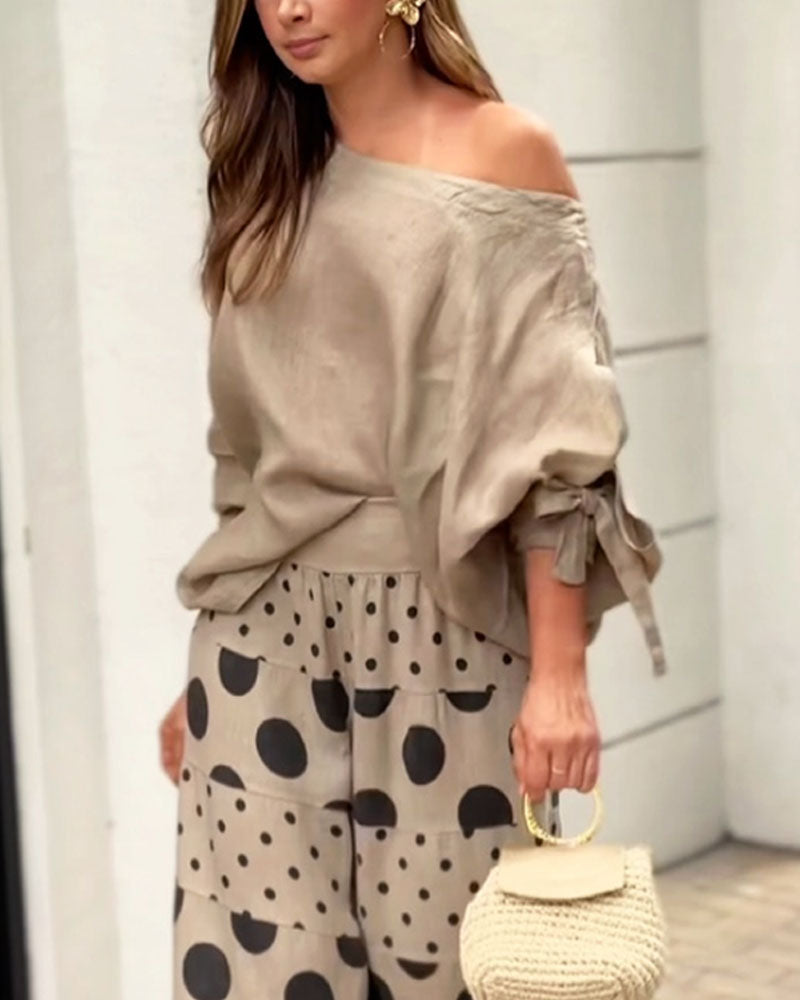 Casual Shoulder Top & Printed Pants Two-Piece Set