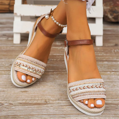 Woven Pattern Pearl Rhinestone Ankle Strap Buckle Peep Toe Wedge Sandals