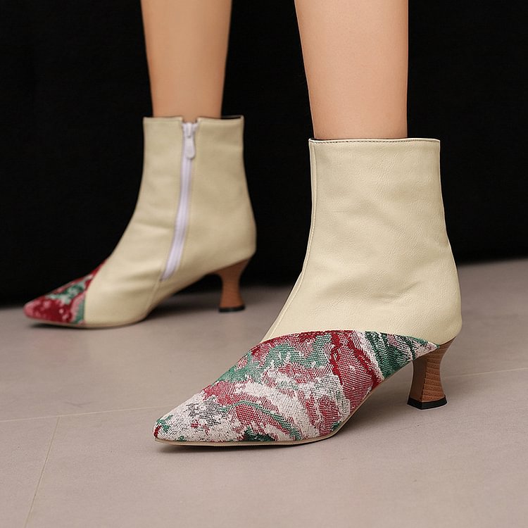 Colorblock Pattern Patchwork Pointed Toe Zipper Ankle Boots