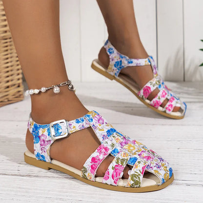 Colourful Floral Print Hollow Out Strappy Buckle Closed Toe Sandals