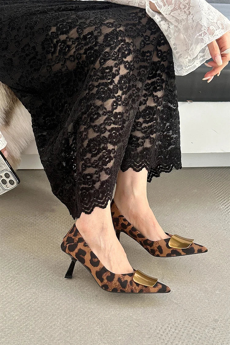 Metal Decor Leopard Print Pointed Toe Stiletto Heels