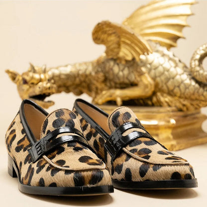 Leopard Print Patchwork Round Toe Khaki Loafers [Pre Order]