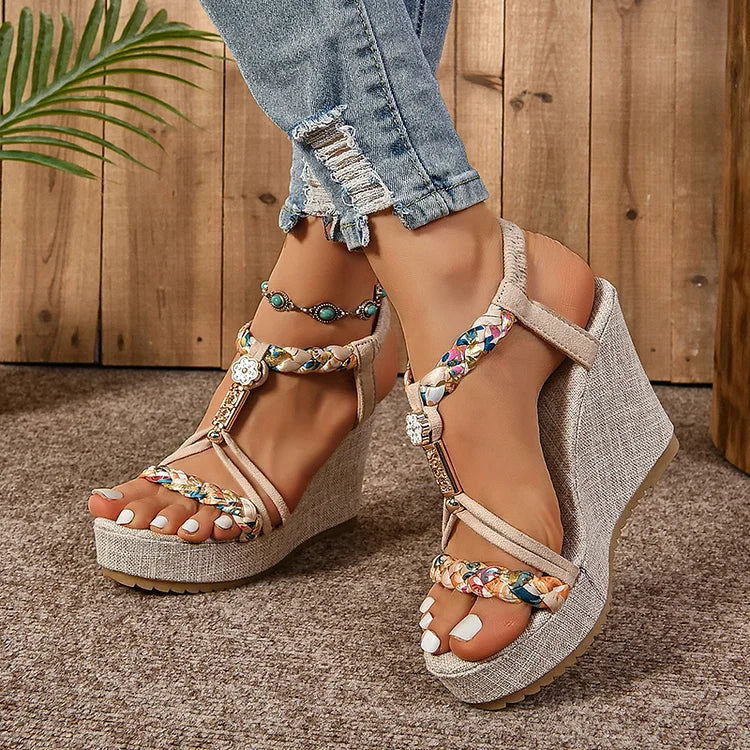 Rhinestone Floral Print Woven Strap Elastic Band Platform Wedge Sandals