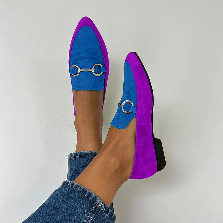 Colorblock Metal Buckle Pointy Toe Matte Retro Flats