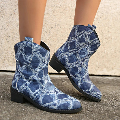 Raw Trim Print Patchwork Round Toe Chunky Heel Mid Boots