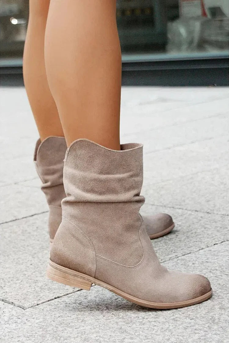 Solid Color Patchwork Round Toe V Cut Slouch Ankle Boots