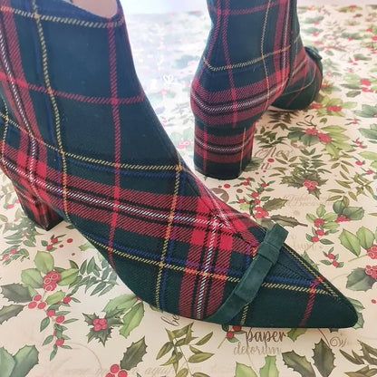 Plaid Bow Decor Pointed Toe Chunky Heel Green Ankle Boots [Pre Order]