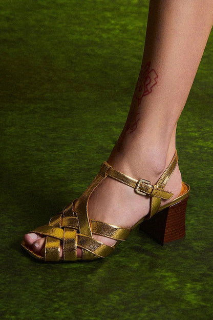 Metallic Sheen Woven T-Strap Buckle Gold Chunky Heels