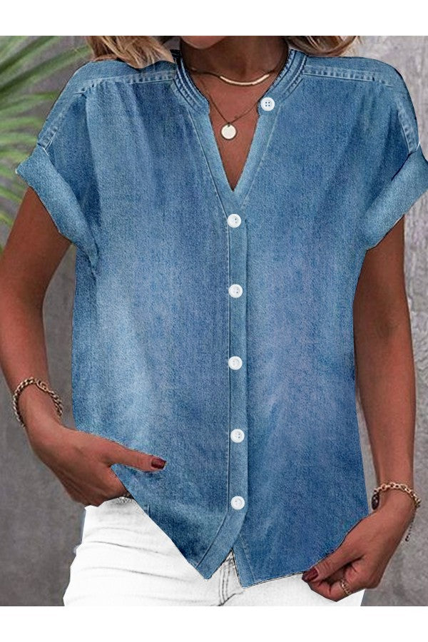 Casual Denim Stand Collar Short Sleeve Shirt