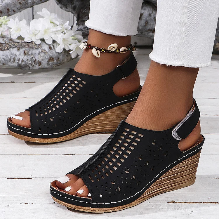 Hollow Out Peep Toe Platform Wedge Magic Stick Closure Sandals