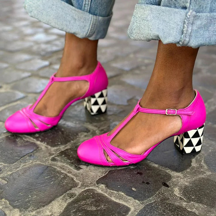 Hollow T-Strap Buckle Geo Pattern Print Fuchsia Chunky Heels