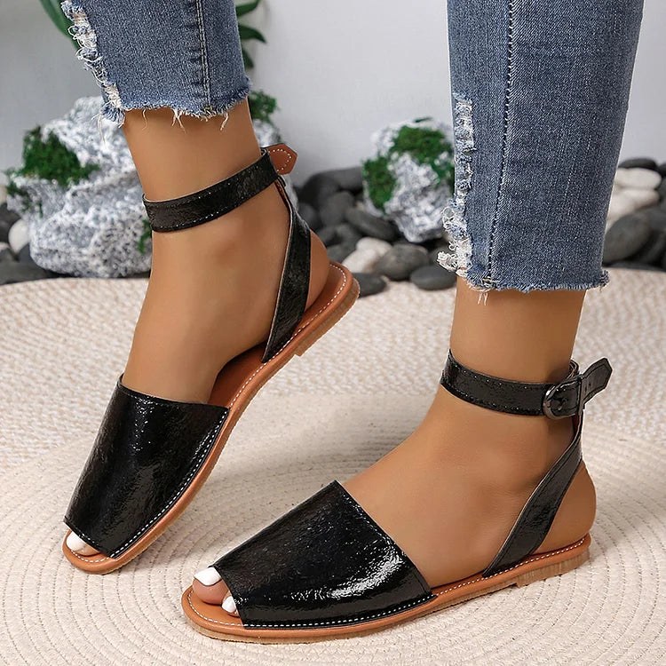 Metallic Sheen Ankle Strap Peep Toe Buckle Casual Sandals