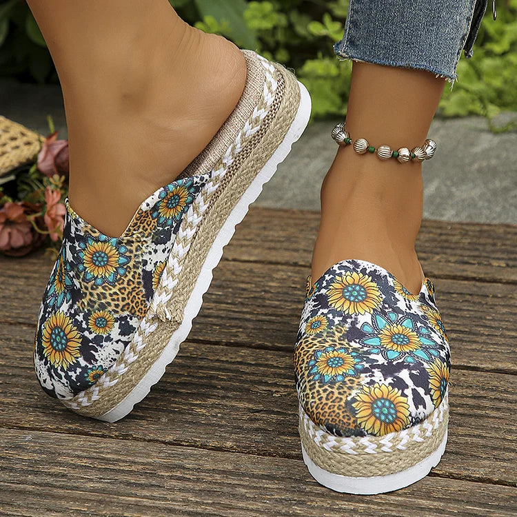 Sunflower Print Closed Toe Espadrille Platform Slippers