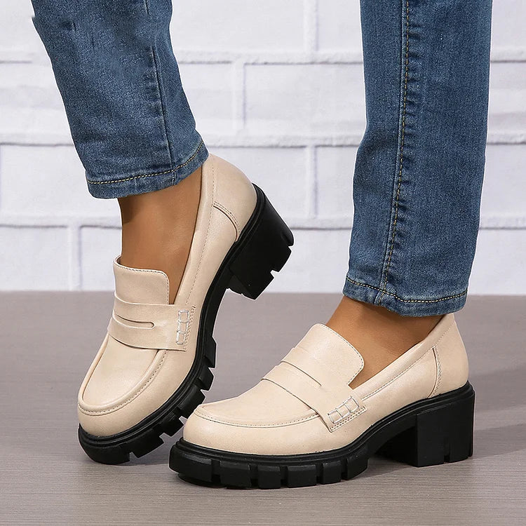 Casual Patchwork Round Toe Plain Chunky Heels Loafers