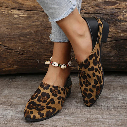 Leopard Pattern Patchwork Pointed Toe Slip On Flats