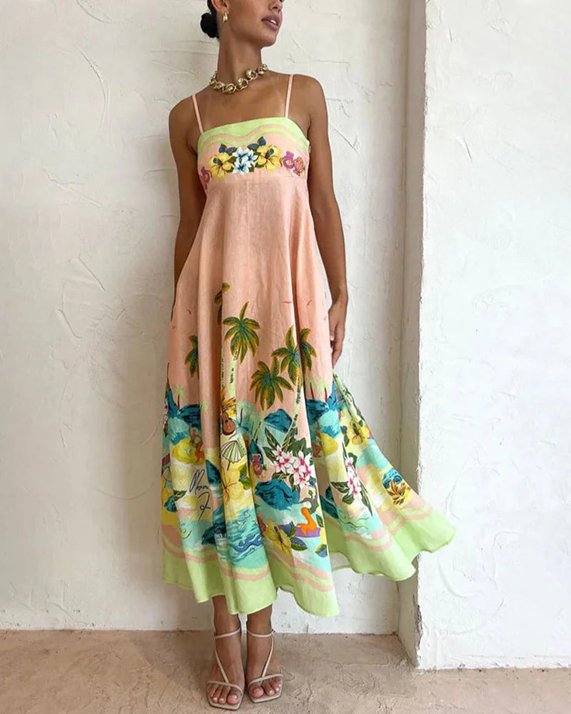 Vestido de fiesta informal con estampado de cabestrillo de cintura alta de verano 