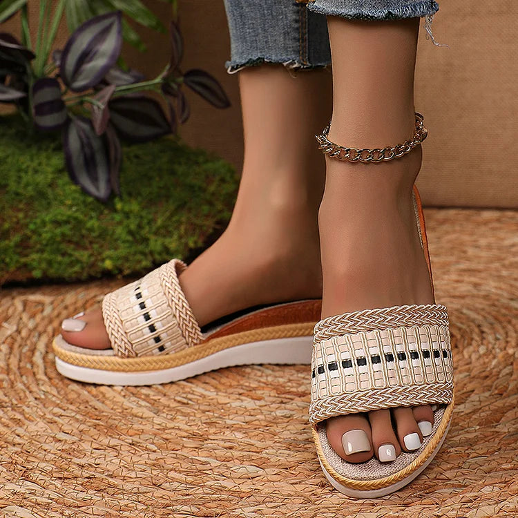 Casual Peep Toe Woven Pattern Plaid Wedge Slippers