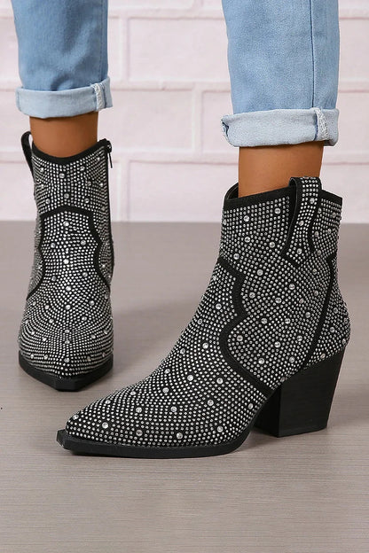 Rhinestone Decor Patchwork Zipper Pointed Toe Ankle Boots