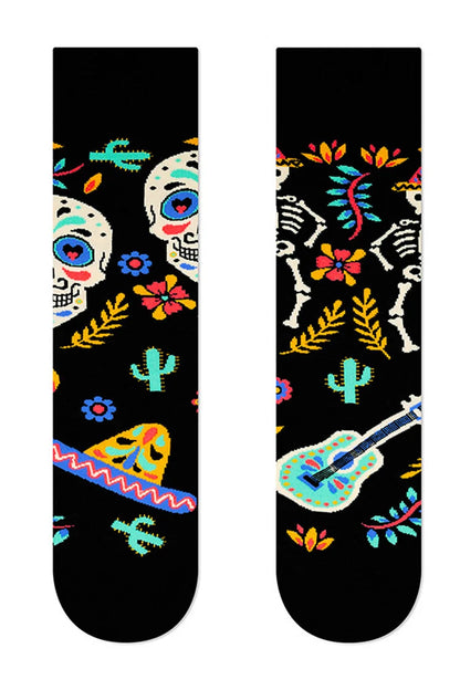 Calcetines de media pantorrilla con diseño de calavera, esqueleto, cactus y guitarra para Halloween 