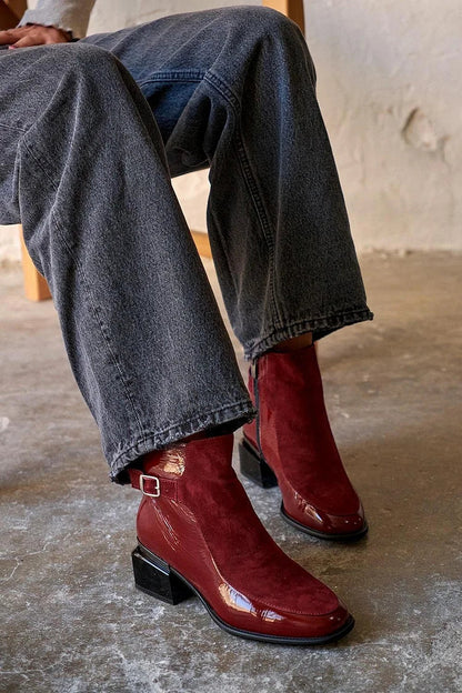 Zipper Round Toe Patchwork Chunky Heel Burgundy Ankle Boots [Pre Order]