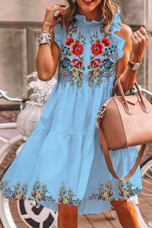 Casual Ruffle Floral Printed Midi Tiered Dress
