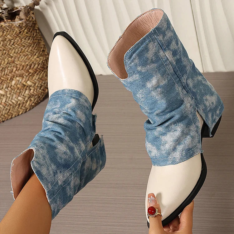 Colorblock Fold V Cut Pointed Toe Chunky Heel Mid Boots