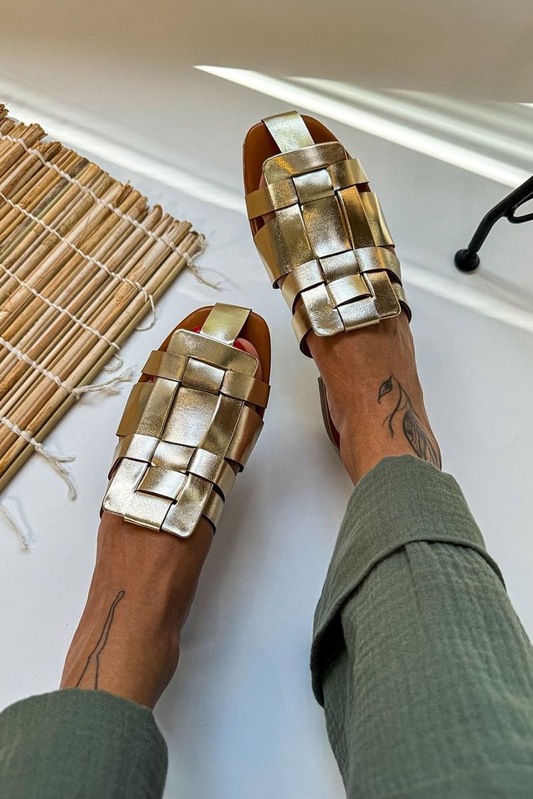 Metallic Sheen Woven Square Toe Gold Mules [Pre Order]