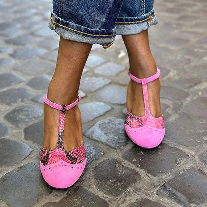 T-Strap Buckle Snake Print Patchwork Pink Chunky Heels [Pre Order]