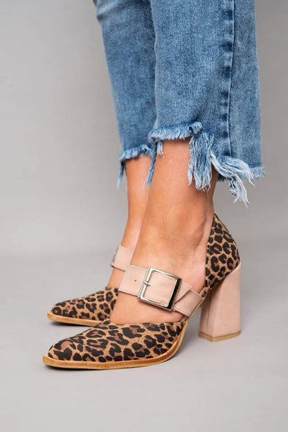 Pointed Toe Strap Buckle Leopard Print Khaki Chunky Heels