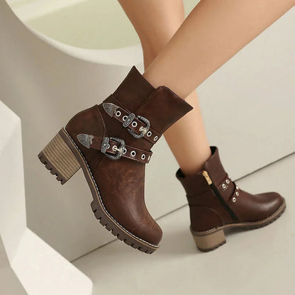 Two Straps Buckles Patchwork Round Toe Chunky Heel Ankle Boots