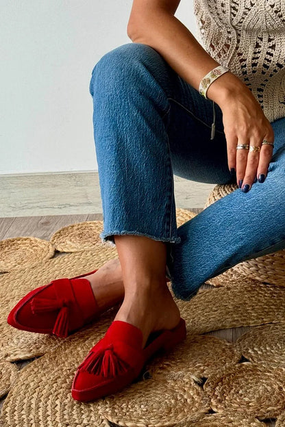 Tassels Decor Pointed Toe Patchwork Red Mules [Pre Order]